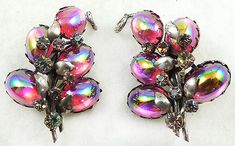 Pretty VENDOME Clip on earrings Aurora Borealis and blue Clay ball dangle clip on Earrings