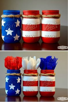 SO CUTE! Rustic Mason Jar's perfect for your 4th of July party! Pot Mason Diy, Mason Jar Crafts Diy, Mason Jars, Fourth Of July Food, 4th Of July Ideas, 4th Of July Games, 4. Juli Party, Patriotic Themed