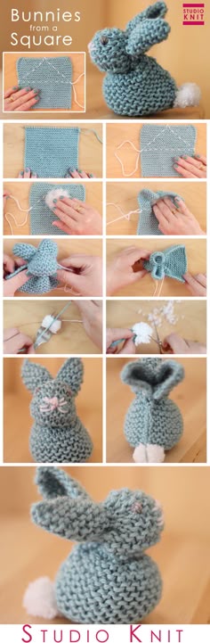 How to Knit a Bunny from a Square for Easter by Studio Knit. Quick Knit Bunny Garter Stitch Knitting.