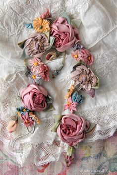 fabric flowers flowers ribbon work ribbon flowers Fabric jewelry antic golden colors necklace Boho style