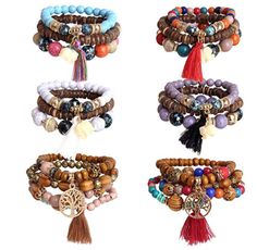 Finrezio 6 Sets Bohemian Beaded Bracelets for Women Multilayer Stackable Bracelet Set Statement Charm Tassel Tree Life Bangles Bracelet