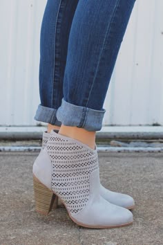Kaci McClure (kacimcc) on Pinterest Our Tailgates & Tanlines Bootie is a pair of almond toe dove grey booties with perforated sides, side zipper and stacked wooden heel. - find a shoe, saddle ...
