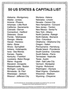 List Of All The United States Capitals Google Search Printable States And Capitals List Social Stus Study