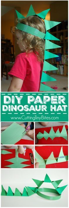 DIY Paper Dinosaur Hat. Simple paper craft made with easy materials for preschoolers, kindergarteners, or elementary kids. Great for pretend play, or a dress-up costume!