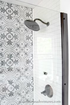 black and white patterned tile walk in shower with a gooseneck rain shower head and subway tile Small Master Bathroom, Downstairs Bathroom, Bathroom Update, Bathroom Makeover, Bathroom Showers, Bathroom Ideas, Shower Ideas, Bedroom Small, Bathroom Mirrors