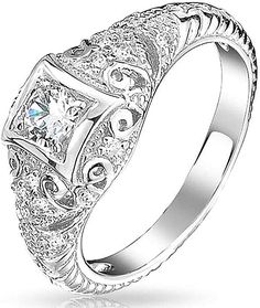 tusakha 14K White Gold Over 925 Sterling Silver Solitaire Princess Cut Blue Topaz Mens Wedding Band Engagement Ring