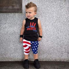 Toddler Boys Girls My 1st Fourth Letters Print Romper+USA Flag Star Shorts Pants+Cap 3Pcs Set