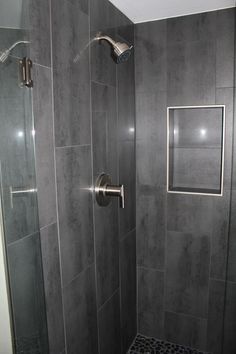 Sleek Gray Vertical Stacked Wall Tile Daltile Showscape 12x24 Gray 12 X 24 Shower Tile With Danze Faucet