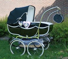 Dolls Pram Coach built vintage pram real leather suspension straps in Green