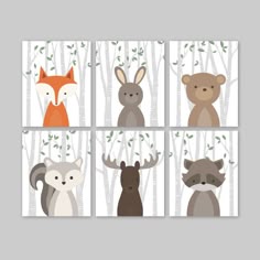 Woodland Nursery Wall Decor Kids Teal Gray Forest Animal Nursery Art Woodland Decor Baby Animals Room Forest Prints Set Of 6 Fox Rabbit Bear Squirrel Moose Rac