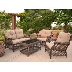 Kannoa Launches New Ed Bauer Outdoor Furniture Collection The Four Piece Adele By Walker Edison Is A Woven Pvc Rattan Conversation Set With Tufted Cushions And Antique Textured Aluminum Frame Outdoor Sofas Chairs