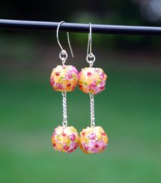 Green black lampwork glass crystal beaded floral earrings