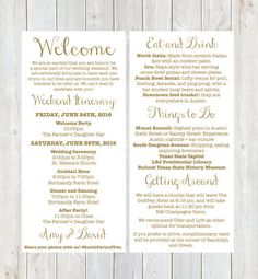 itinerary cards for wedding hotel welcome bag printed schedule wedding welcome cards