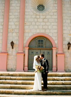 38 Best Real Santa Barbara Wedding Megan Nick S Gorgeous Mission The Bride And Groom Share A Kiss On Steps Of Historic Santa Barbara Mission After Wedding Ceremony Photo By Ben Christensen Photography