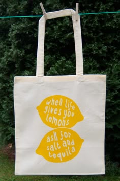 Eco Friendly Screen Printed Tote Bag Natural Cotton, Organic and Fair Trade: "When life gives you lemons, ask for salt and tequila". $13.00, via Etsy.