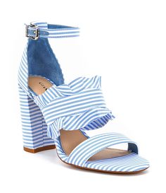 irinah stripe ruffle detail block heel | gianni bini. Block Sandals, Block Heels Sandal, Sandals Heels, Blue Dress Sandals, Dress And Heels, Shower Outfits, Bridal Shower Outfit, Dressy Heel, Dressy Casual