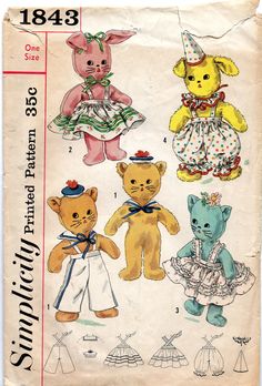 Vintage 50s Embroidery pattern ~ Bunnies /& Teddy Bears doing chores