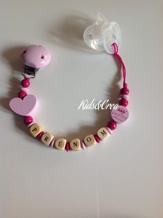 Chaîne de tétine avec nom fille hibou étoile rose gris bois bébé naissance