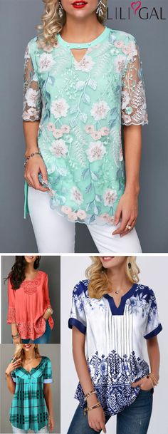 Tunic Tops for Women Summer Casual Flowers Printed Crewneck Lace Up Loose Tunic Shirt Retro Lace Short Sleeve T Shirt