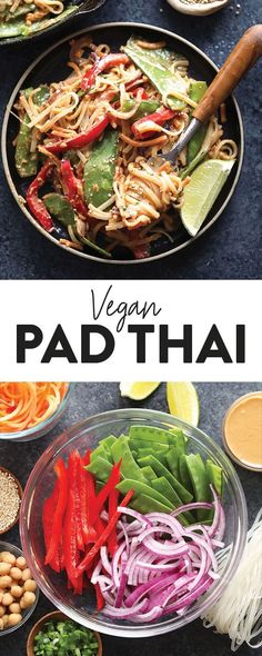 This Vegan Pad Thai with Thai Peanut Sauce packs a punch with colorful veggies including sweet potato noodles, red peppers, pea pods, red onions and tossed with a delicious Thai peanut sauce. Top with toasted quinoa and you're off to enjoy a delicious vegan meal! #padthai #healthy #recipe #recipes #vegan #veganrecipe