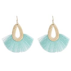 Sweet Clip on Earrings Bohemian Fringe Resin Bead Fabric Thread for Girls Women Blue