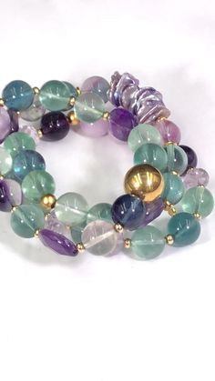 Crystal Agate Multi Fluorite Bracelet Semi Precious Chakra Gemstone Loose Beads Crystal Round Healing Stretchy Jewelry for Women Girls Unisex