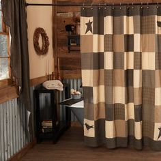 New Kettle Grove Primitive Country Folk Art CROW BLACK STAR Ditsy Shower Curtain