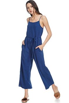 Spirio Womens Sleeveless Pockets Tie Round Neck Summer Long Rompers Spirio Womens Sleeveless Pockets Tie Round Neck Summer Long Rompers