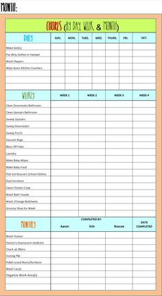 monthly chore list