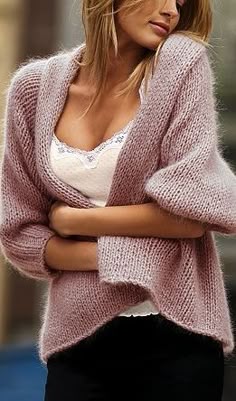 cozy mauve-y pink knit cardigan with sexy camisole for a day at home watching old movies with your man