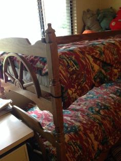 Vintage Wooden Western Wagon Wheel Bunk Bed 2 Twin Cowboy Barkcloth Duvets