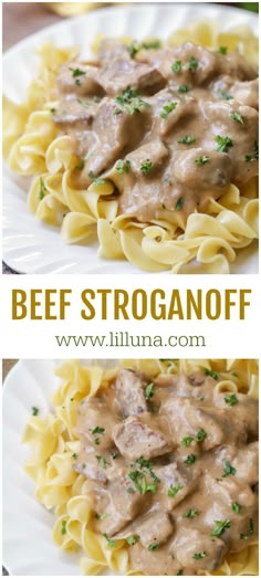 This delicious Beef Stroganoff recipe is simple and flavorful. Served with egg noodles, this creamy stroganoff is a classic Sunday dinner recipe or perfect to enjoy any night of the week. #beefstroganoff #stroganoff #stroganoff #beef