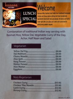 Menu Kamana Kitchen Lunch Specials This Is A Great Deal Oh So Tasty And They Have A Lot Of Vegetarian Sele Vegetable Curry Homemade Recipes Lentil Stew