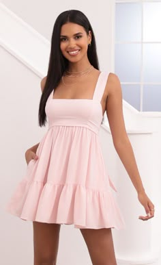 Aurora Square Neckline Dress in Pink | LUCY IN THE SKY Los Angeles, Pink Flowy Dress, Mini Dresses Summer, Ruffle Dress, Pink Beach Dresses, Cute Dresses For Church, Dresses For Teens