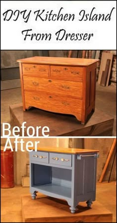 This Old Dresser is Given New Life by Turning it into a Kitchen Island Repurposed Furniture, Furniture Makeover, Dresser Kitchen Island, Diy Kitchen Island, Furniture Makeover Diy, Diy Furniture Renovation, Redo Furniture