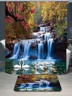 Autumn Waterfall Landscape Shower Curtain Set Bathroom Waterproof Fabric Hooks