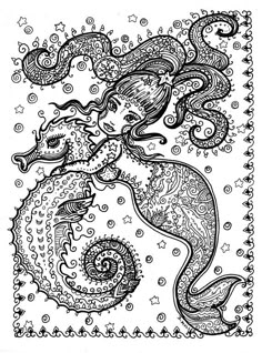 Downloadable Mermaid And Sea Horse Coloring Page By ChubbyMermaid