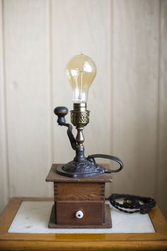 Antique early 1900/'s coffee grinder converted to a one of a kind desk lamp