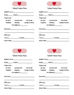 nurse pass 4 on a page school nurse office and classroom management nurse pass template