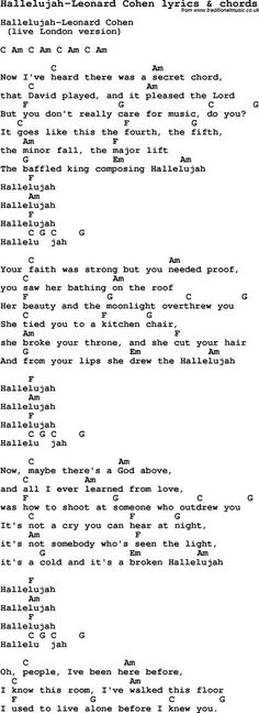 Love Song Lyrics for: Hallelujah-Leonard Cohen with chords for Ukulele, Guitar Banjo etc. Ukulele Music, Piano Songs, Love Songs Lyrics, Hallelujah Ukulele Chords, Easy Ukelele Songs, Banjo Chords