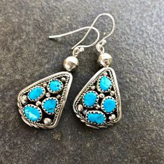 Vintage 1960s Native American Sterling Silver Earrings Turquoise Petit Point Zuni Signed Large Southwestern Chic
