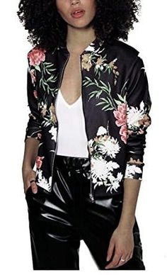 Betusline Womens Floral Print Classic Baseball Bomber Short Jacket Coat