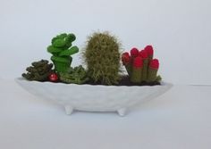 miniature garden, Amigurumi cactus in red gondola pot and crochet succulent red flowers faux plant