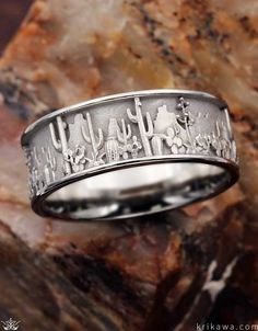 Available In All Metals /& Sterling Silver 4.0 mm Narrow Southwestern Saguaro Style Wedding Band