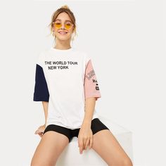 Neon Yellow Ringer Neck and Cuff Tee Women Short Sleeve Stretchy Top Streetwear T-Shirt