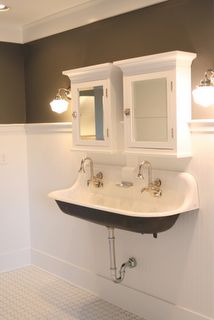 Small Bathroom With Round Black Mirror And Trough Sink Trough Sink Cabinets Would Be Recessed And Underside Of White Or Pale