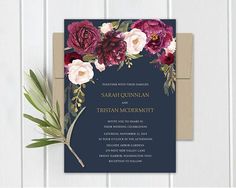 Rustic Fall Wedding Invitation,White Pumpkins,Burgundy Roses,Fairy Lights,Burgundy Barn Wood,Gold Print,Shimmery,Printed Invitation,Envelope