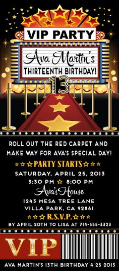 Red Carpet Hollywood Sweet 16 Birthday Invite Sweet 16 birthday - movie ticket invitation template free printable Red Carpet Hollywood Sweet 16 Birthday Invite Sweet 16 birthday - movie ticket invitation template free printable