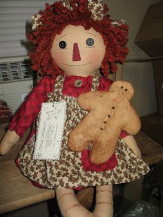 Primitive` Handmade Raggedy Ann Doll and her Gingerbread Man` 19 /"