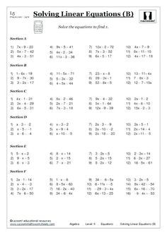 Math worksheets for linear equations